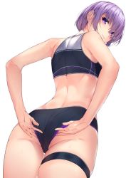 Rule 34 | 1girl, alternate costume, amagimei, arms behind back, ass, back, black buruma, buruma, closed mouth, commentary, commentary typo, cowboy shot, fate/grand order, fate (series), flat ass, from behind, from below, hair between eyes, lips, looking at viewer, mash kyrielight, purple eyes, purple hair, short hair, simple background, sleeveless, solo, sports bra, sweat, sweatdrop, thigh strap, thighs, track uniform, white background