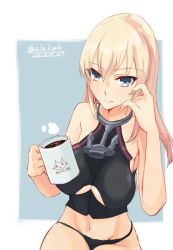 Rule 34 | 1girl, alakoala, bare shoulders, bismarck (kancolle), blonde hair, blue eyes, breasts, cleavage cutout, clothing cutout, coffee, cup, dated, groin, hair between eyes, highres, holding, holding cup, kantai collection, large breasts, long hair, navel, no headwear, no headwear, solo, twitter username