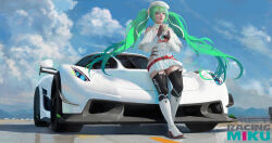 Rule 34 | 1girl, aqua necktie, beret, black thighhighs, blue sky, bubble tea, car, character name, clothing cutout, cup, day, disposable cup, dress, fingerless gloves, gloves, goodsmile racing, green eyes, green hair, hair ornament, hat, hatsune miku, high heels, highres, holding, holding cup, koenigsegg (automobile), koenigsegg jesko, long hair, motor vehicle, necktie, outdoors, parted lips, racing miku, racing miku (2023), side cutout, sky, solo, spoiler (automobile), sports car, star (symbol), star hair ornament, thighhighs, twintails, vocaloid, white dress, white footwear, white hat, xianggang jizhe