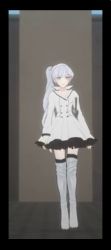 Rule 34 | 1girl, boots, dress, ponytail, rwby, screencap, solo, weiss schnee, white hair