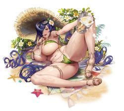 Rule 34 | 1girl, alcohol, ass, beer, beer mug, bikini, blue hair, breasts, brown eyes, cup, destiny child, eyewear on head, flower, green bikini, hair over one eye, hat, holding, holding cup, huge breasts, kkuem, long hair, mug, multicolored hair, nail polish, official art, open mouth, phorcys (destiny child), red nails, sandals, spread legs, starfish, straw hat, streaked hair, sunglasses, swimsuit, thigh strap, thighs, toenail polish, toenails, very long hair, wet, white flower, yellow flower