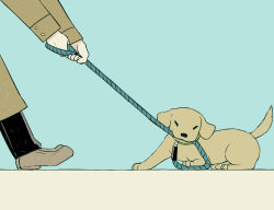 Rule 34 | 1boy, absurdres, animal, avogado6, black pants, blue background, brown coat, coat, collar, commentary, dog, english commentary, from side, green collar, head out of frame, highres, leash, long sleeves, original, oxfords, pants, pulling, puppy, trench coat