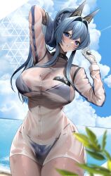 Rule 34 | 1girl, absurdres, arm behind head, arms up, beach, bikini, bikini under clothes, blue bikini, blue eyes, blue hair, blush, braid, breasts, cloud, day, gloves, goddess of victory: nikke, hair between eyes, hair intakes, headgear, helm (aqua marine) (nikke), helm (nikke), highres, large breasts, long hair, looking at viewer, ocean, official alternate costume, outdoors, parted lips, partially unbuttoned, ponytail, sand, see-through, see-through shirt, shirt, solo, swimsuit, water, wet, wet clothes, wet shirt, white gloves, white shirt, ymr yamero