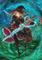 Rule 34 | 1girl, :o, black dress, black hat, black pantyhose, brown eyes, dress, dual wielding, fantasy, full body, hat, highres, holding, original, pantyhose, short hair, solo, standing, standing on one leg, sword, weapon, wide sleeves, witch hat, yashiron2011