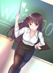 Rule 34 | 1girl, bent over, blush, breasts, cleavage, dress shirt, girls&#039; frontline, highres, long hair, looking at viewer, medium breasts, mysteltainn, notebook, open mouth, pantyhose, pencil skirt, purple hair, red eyes, shirt, side ponytail, skirt, solo, teacher, wa2000 (girls&#039; frontline)