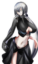 Rule 34 | 1girl, absurdres, asymmetrical clothes, bad id, bad pixiv id, breasts, cleavage, clothing cutout, gaia (girls&#039; frontline), girls&#039; frontline, grey hair, grey lips, grin, highres, huge breasts, large breasts, low twintails, multicolored hair, navel, sangvis ferri, smile, solo, streaked hair, twintails, underboob cutout, wavigg, white background, yellow eyes