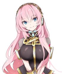 Rule 34 | 1girl, amulet, armband, black skirt, blue eyes, breasts, commentary, gold trim, headphones, kkr rkgk, large breasts, long hair, looking at viewer, megurine luka, navel, pink hair, see-through, see-through sleeves, short sleeves, skirt, smile, solo, standing, upper body, very long hair, vocaloid, white background