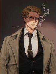 Rule 34 | 1boy, absurdres, black necktie, blonde hair, blue eyes, buttons, cigarette, coat, collared shirt, formal, glasses, highres, jujutsu kaisen, long sleeves, looking at viewer, male focus, nanami kento, necktie, nthndn, shirt, short hair, smoking, solo, suit, tie clip, trench coat, upper body, white shirt