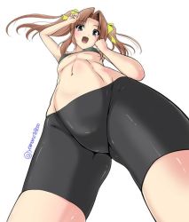 Rule 34 | 10s, 1girl, :d, arm up, bike shorts, blush, bra, breasts, brown hair, clenched hands, from below, green bra, hair ornament, hair ribbon, hassen (8cm), kagerou (kancolle), kantai collection, long hair, looking at viewer, looking down, navel, open mouth, ribbon, grey eyes, simple background, small breasts, smile, solo, standing, twintails, twitter username, underboob, underwear, white background, yellow ribbon