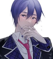 Rule 34 | 1boy, blue eyes, blue hair, blue nails, blush, closed mouth, collared shirt, commentary request, dark blue hair, double-parted bangs, embarrassed, fingernails, hair between eyes, highres, kaito (vocaloid), lapels, leo/need (project sekai), leo/need kaito, long sleeves, looking at viewer, male focus, necktie, notched lapels, open collar, parang 99, project sekai, red necktie, school uniform, shirt, short hair, simple background, solo, upper body, vocaloid, white background