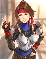 Rule 34 | 1girl, armor, belt, bodysuit, bodysuit under clothes, boobplate, breastplate, brown eyes, brown hair, commentary request, earrings, final fantasy, final fantasy vii, final fantasy vii remake, fingerless gloves, gloves, hand up, headband, highres, index finger raised, jessie rasberry, jewelry, lips, long hair, looking at viewer, makimura shunsuke, pants, parted lips, ponytail, red headband, shoulder armor, shoulder pads, smile, solo, turtleneck, upper body