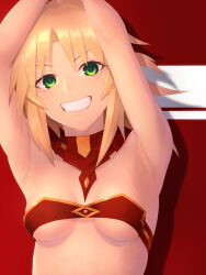 Rule 34 | 1girl, armpits, arms behind head, arms up, bandeau, bare shoulders, blonde hair, breasts, detached collar, fate/apocrypha, fate/grand order, fate (series), green eyes, grin, long hair, looking at viewer, minami koyogi, mordred (fate), mordred (fate/apocrypha), parted bangs, ponytail, sidelocks, small breasts, smile, solo