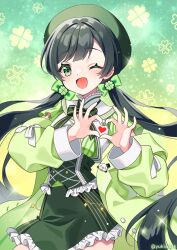 Rule 34 | 1girl, ;d, aiceclass, black hair, bow, commission, frills, green bow, green eyes, green jacket, green nails, hair bow, heart, heart hands, highres, jacket, kotoha (aiceclass), long hair, one eye closed, open clothes, open jacket, open mouth, skeb commission, smile, solo, swept bangs, twintails, very long hair, virtual youtuber, yukinko (yukiwork)