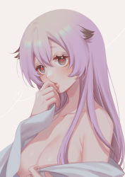 Rule 34 | 1girl, bare shoulders, blush, breasts, cleavage, collarbone, commentary request, gradient background, hair between eyes, hair flaps, hand up, heart, heart-shaped pupils, long hair, looking at viewer, medium breasts, noriuma, original, parted lips, pink hair, purple hair, red eyes, solo, symbol-shaped pupils, upper body
