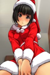 Rule 34 | 1girl, absurdres, black hair, blush, breasts, brown eyes, christmas, covering crotch, covering privates, dress, fur-trimmed dress, fur-trimmed headwear, fur trim, hat, head tilt, highres, indoors, long sleeves, looking at viewer, looking down, matsunaga kouyou, nose blush, original, parted lips, red dress, red hat, santa costume, santa hat, small breasts, solo