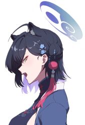 1girl absurdres ahoge animal_ear_fluff animal_ears black_dress black_hair blue_archive china_dress chinese_clothes dress fang from_side hair_bun hair_ornament halo highres jacket jacket_on_shoulders kaguya_(blue_archive) looking_at_viewer open_mouth portrait short_hair sideways_glance simple_background solo tassel tassel_hair_ornament turtleneck watou white_background yellow_eyes