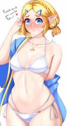 Rule 34 | 1girl, alternate costume, anisdrawn, bikini, blonde hair, blue eyes, blue jacket, blush, braid, breasts, breasts apart, collarbone, commentary, crown braid, embarrassed, english commentary, english text, hair ornament, hairclip, highres, jacket, jewelry, looking at viewer, medium breasts, navel, necklace, nintendo, off shoulder, open mouth, parted bangs, playing with own hair, princess zelda, short hair, short sleeves, side-tie bikini bottom, simple background, single bare shoulder, solo, stomach, sweat, swimsuit, the legend of zelda, the legend of zelda: tears of the kingdom, triforce, white bikini, wide sleeves