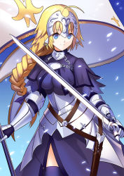 Rule 34 | 1girl, armor, armored dress, bell, black gloves, blonde hair, blue eyes, braid, breasts, capelet, chain, fate/apocrypha, fate/grand order, fate (series), faulds, flag, gauntlets, gloves, headpiece, jeanne d&#039;arc (fate), jeanne d&#039;arc (ruler) (fate), large breasts, looking at viewer, single braid, solo, sword, thighhighs, weapon, yuki (clydtc)