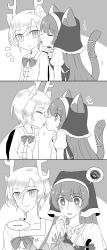 Rule 34 | ..., 2girls, animal ears, antlers, apron, bell, blush, bow, cat ears, cat tail, greyscale, haniyasushin keiki, head scarf, highres, horns, jewelry, jingle bell, kicchou yachie, licking, licking another&#039;s cheek, licking another&#039;s face, long hair, magatama, magatama necklace, mask (boring mask), monochrome, multiple girls, necklace, short hair, slit pupils, smile, surprised, tail, tail bow, tail ornament, touhou, turtle shell, yuri