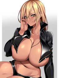 Rule 34 | 1girl, absurdres, black jacket, black shorts, blonde hair, border, breasts, cleavage, closed mouth, cropped jacket, dark-skinned female, dark skin, grey background, hair between eyes, highres, hip bones, huge breasts, hz (666v), jacket, jewelry, leather, leather jacket, long hair, lower teeth only, navel, original, pendant, scar, scar across eye, scar on face, scar on leg, short shorts, shorts, sitting, smile, solo, stomach, teeth, thighs, toned, underboob, vecky (camui kamui), white border, yellow eyes