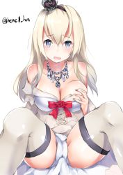 Rule 34 | 10s, 1girl, bare shoulders, black eyes, blonde hair, blue eyes, body blush, grabbing another&#039;s breast, breasts, cameltoe, cleavage, collarbone, crown, eyebrows, grabbing, hair between eyes, henet hene, jewelry, kantai collection, large breasts, long hair, looking at viewer, mini crown, necklace, open mouth, panties, solo, spread legs, thighhighs, twitter username, underwear, warspite (kancolle), white panties