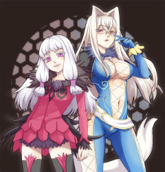 Rule 34 | 2girls, agria (tales), albino, belt, black legwear, breasts, center opening, chirugekiai, cleavage, colored eyelashes, contrapposto, cross-laced clothes, freckles, fur trim, gloves, hair intakes, honeycomb (pattern), honeycomb background, honeycomb pattern, large breasts, long hair, miniskirt, multiple girls, navel, pink eyes, presa (tales), red eyes, red skirt, skin tight, skirt, smile, standing, tail, tales of (series), tales of xillia, thighhighs, white hair