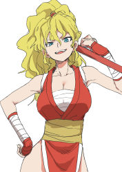 Rule 34 | 1girl, absurdres, blonde hair, blue eyes, breasts, capcom, cleavage, final fight, genryuusai maki, gloves, highres, large breasts, long hair, looking at viewer, ninja, open mouth, ponytail, simple background, smile, solo, street fighter, street fighter zero (series), tonfa, weapon, white background, yamamoto souichirou