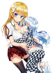 Rule 34 | 2girls, black legwear, blonde hair, blue eyes, blush, bow, braid, breasts, character request, cleavage, eichi gakuen no under heart, hair bow, hair ornament, hisasi, large breasts, long hair, looking at viewer, multiple girls, official art, pajamas, plaid, plaid skirt, pout, silver hair, simple background, skirt, slippers, smile, thighhighs, white background, yuri, zettai ryouiki