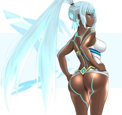 Rule 34 | 1girl, artist request, ass, back, blue eyes, blue hair, breasts, dark skin, dark-skinned female, dolling60883582, from behind, large breasts, long hair, nintendo, one-piece swimsuit, perun (xenoblade), ponytail, simple background, solo, standing, swimsuit, white hair, xenoblade chronicles (series), xenoblade chronicles 2, xenoblade chronicles (series), xenoblade chronicles 2