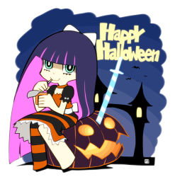 Rule 34 | 10s, 1girl, bat (animal), colored inner hair, drinking, drinking straw, eating, food, halloween, happy halloween, honekoneko, jack-o&#039;-lantern, multicolored hair, nagian, official style, panty &amp; stocking with garterbelt, pudding, pumpkin, smile, solo, stocking (psg), striped clothes, striped thighhighs, sword, thighhighs, weapon