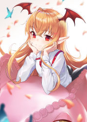 Rule 34 | 1girl, absurdres, animal, arm support, blonde hair, blurry, blurry background, bug, butterfly, closed mouth, collared shirt, commentary request, depth of field, frilled shirt collar, frills, gradient background, granblue fantasy, grey background, hair between eyes, head in hand, head rest, head wings, highres, insect, long hair, long sleeves, malinda (shingeki no bahamut), ohihil, petals, pointy ears, red eyes, red wings, shingeki no bahamut, shirt, smile, solo, vampy, very long hair, white background, white shirt, wings