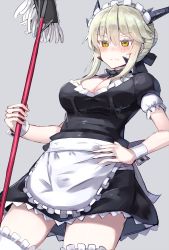 Rule 34 | 1girl, alternate costume, apron, artoria pendragon (all), artoria pendragon (fate), artoria pendragon (lancer alter) (fate), bad id, bad pixiv id, black dress, blonde hair, blush, breasts, carnival phantasm, cleavage, commentary request, cosplay, dress, embarrassed, enmaided, fate/grand order, fate (series), frills, hand on own hip, highres, holding, large breasts, maid, maid apron, maid headdress, mop, nonon (xenonbot), official alternate costume, puffy short sleeves, puffy sleeves, saber alter, saber alter (cosplay), short sleeves, solo, thighhighs, waist apron, white thighhighs, wrist cuffs, yellow eyes