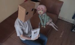 Rule 34 | 1boy, 1girl, animated, animated gif, blush, book, bow, couch, danchigai, hair between eyes, hair bow, hair ornament, mikhail bersenyov, ms insanity, nakano uzuki, paper bag on head, pink hair, reading, real life insert, school uniform, short hair, sitting, sitting on lap, sitting on person, skirt, thighhighs, white thighhighs, yellow bow