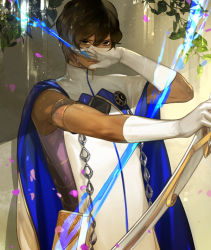 Rule 34 | 1boy, arjuna (fate), armlet, arrow (projectile), black hair, bow (weapon), brown eyes, brown hair, cape, covering face, dark skin, dark-skinned male, elbow gloves, fate/grand order, fate (series), gloves, hair between eyes, holding, holding weapon, leaf, looking at viewer, magic, male focus, md5 mismatch, petals, plant, ragu00, skin tight, solo, standing, tunic, water drop, weapon, wet, wet hair