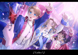 Rule 34 | 3boys, ;d, alcohol, america (hetalia), american flag, arm up, ascot, axis powers hetalia, black hair, blonde hair, blowing kiss, blue coat, blue eyes, brooch, brown hair, cape, coat, crowd, cup, dancing, drinking glass, english text, epaulettes, finger to mouth, fingernails, france (hetalia), glowing, glowing petals, green eyes, hand on own hip, hand up, holding, holding cup, indoors, jewelry, jowell she, laughing, letterboxed, lineup, long hair, long sleeves, looking at viewer, military, military uniform, multiple boys, musical note, one eye closed, open mouth, petals, pov, pov hands, puckered lips, sash, short hair, smile, spain (hetalia), uniform, upper body, vest, white ascot, white coat, wine