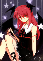 Rule 34 | 1girl, black dress, clothes lift, come hither, demon girl, demon wings, dress, dress lift, head wings, koakuma, long hair, looking at viewer, nightgown, red eyes, red hair, rei no himo, simple background, sitting, sleeveless, sleeveless dress, smile, solo, star (symbol), touhou, wings, yetworldview kaze