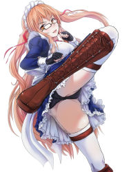 Rule 34 | 1girl, apron, ass, black gloves, black panties, boots, bow, brown eyes, brown footwear, brown hair, cross-laced footwear, fighting stance, fingerless gloves, frills, garter straps, glasses, gloves, hair ribbon, high kick, highres, kicking, lace, lace-trimmed panties, lace-up boots, lace trim, leg up, long hair, looking at viewer, maid, maid apron, maid headdress, open mouth, panties, pantyshot, ribbon, simple background, skindentation, smile, solo, standing, standing on one leg, thigh strap, thighhighs, toriatto gununu, underwear, very long hair, white background, white thighhighs