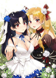Rule 34 | 2girls, bad id, bad pixiv id, bare shoulders, black dress, black gloves, black hair, blonde hair, blush, breasts, cleavage, closed mouth, collarbone, dress, ear piercing, elbow gloves, ereshkigal (fate), fate/grand order, fate (series), flower, gloves, hair flower, hair ornament, hair ribbon, highres, ishtar (fate), long hair, looking at viewer, medium breasts, multiple girls, noixen, open mouth, petals, piercing, red eyes, ribbon, siblings, sisters, smile, two side up, white background, white dress