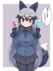 Rule 34 | 1girl, :3, animal ears, aramaru, black bow, black bowtie, black gloves, black hair, black necktie, black pantyhose, black shirt, black skirt, blazer, blue jacket, border, bow, bowtie, brown eyes, closed mouth, commentary, dual wielding, extra ears, fang, fox ears, fox tail, fur-trimmed sleeves, fur collar, fur trim, gloves, gradient hair, grey background, grey hair, highres, holding, holding syringe, jacket, kemono friends, long hair, long sleeves, looking at viewer, miniskirt, multicolored hair, necktie, outside border, pantyhose, pleated skirt, shirt, silver fox (kemono friends), skirt, smile, solo, sparkle, standing, syringe, tail, translated, very long hair, white border