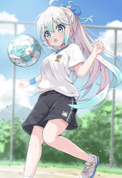 Rule 34 | 1girl, :o, absurdres, ahoge, ball, black shorts, blue eyes, blue hair, blue wristband, commentary request, fence, grey hair, gym shirt, gym shorts, gym uniform, highres, long hair, looking at object, mahou tsukai to kuroneko no wiz, mikumiku37, multicolored hair, open mouth, outdoors, relm rollot, shirt, shoes, short sleeves, shorts, sneakers, soccer, soccer ball, solo, sweatband, two-tone hair, white footwear, white shirt, wristband