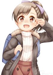 Rule 34 | 1girl, :d, backpack, bag, black jacket, blush, bow, brown eyes, brown hair, brown skirt, commentary request, extra, fur-trimmed jacket, fur trim, hair bow, hand up, highres, idolmaster, idolmaster cinderella girls, jacket, long sleeves, looking at viewer, open clothes, open jacket, open mouth, ponytail, purple bow, randoseru, regular mow, ribbed sweater, signature, simple background, skirt, sleeves past wrists, smile, solo, sweater, turtleneck, turtleneck sweater, twitter username, white background, white sweater