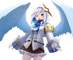 Rule 34 | 1girl, absurdres, amane kanata, angel wings, armband, black dress, blue bow, blue hair, blush, bob cut, bow, breasts, colored inner hair, commentary, cowboy shot, dress, halo, highres, hololive, jacket, looking at viewer, multicolored hair, open mouth, parted bangs, pink hair, purple eyes, samc, short dress, short hair, silver hair, simple background, single hair intake, small breasts, smile, solo, star halo, streaked hair, thighs, turtleneck, turtleneck dress, virtual youtuber, white background, white jacket, wings