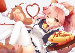 Rule 34 | 1girl, ;3, ;d, animal ears, animal hands, apron, bell, black dress, blush, bow, breasts, brown eyes, collar, commentary request, dress, fangs, fate/grand order, fate (series), food, fox ears, fox girl, fox tail, frilled apron, frills, gloves, grey background, hair between eyes, hair bow, heart, holding, holding plate, jingle bell, ketchup, light brown hair, long hair, maid, maid apron, maid headdress, medium breasts, neck bell, omelet, omurice, one eye closed, open mouth, paw gloves, paw shoes, plate, ponytail, puffy short sleeves, puffy sleeves, red bow, red collar, shoes, short sleeves, signature, simple background, smile, solo, tail, tamamo (fate), tamamo cat (fate), tamamo cat (second ascension) (fate), thighhighs, translation request, v-shaped eyebrows, white apron, white thighhighs, yukiyuki 441