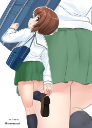 Rule 34 | 10s, 1girl, :o, adjusting clothes, adjusting shoe, bag, black socks, blouse, brown eyes, brown footwear, brown hair, carrying, commentary, dated, from behind, girls und panzer, green skirt, highres, kneepits, legs, loafers, looking at viewer, looking back, miniskirt, nishizumi miho, one-hour drawing challenge, ooarai school uniform, open mouth, pleated skirt, school bag, school uniform, serafuku, shiina excel, shirt, shoes, short hair, simple background, skirt, socks, solo, standing, twitter username, white background, white shirt, zoom layer