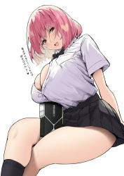 Rule 34 | 1girl, black skirt, breasts, cleavage, crossed legs, graphics card, hair between eyes, highres, large breasts, looking at viewer, nvidia, open mouth, original, pink hair, red eyes, shirt, short hair, skirt, sky-freedom, smile, solo, thighs, translation request, white background, white shirt