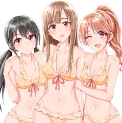 Rule 34 | 3girls, :d, ;d, arms behind back, asymmetrical bangs, bare arms, bare shoulders, bikini, black hair, blush, breasts, brown eyes, cleavage, closed mouth, collarbone, front-tie bikini top, front-tie top, groin, hand on another&#039;s arm, head tilt, highres, idolmaster, idolmaster cinderella girls, lips, long hair, looking at viewer, low twintails, medium breasts, mizumoto yukari, multiple girls, nakano yuka, navel, one eye closed, open mouth, orange bikini, orange panties, panties, pink eyes, plaid, plaid bikini, plaid panties, ponytail, red hair, red ribbon, ribbon, shiina noriko, shiny skin, shirushiru (saitou888), sidelocks, simple background, small breasts, smile, stomach, swimsuit, tareme, twintails, underwear, underwear only, upper body, wavy hair, white background