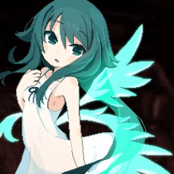 Rule 34 | 1girl, black background, blush stickers, commentary request, dress, green eyes, green hair, green wings, hair flaps, hand on own chest, hand up, looking at viewer, parted lips, pixel art, potato7192, saya (saya no uta), saya no uta, solo, sundress, triangle mouth, upper body, white dress, wings