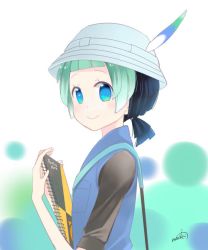 Rule 34 | 10s, aqua hair, blue eyes, blue vest, blunt bangs, breast pocket, from side, hair tie, hat feather, holding, kemono friends, kyururu (kemono friends), looking at viewer, looking to the side, low ponytail, male focus, pocket, short ponytail, short sleeves, signature, sketchbook, smile, solo, upper body, uzuki machi, vest, white background