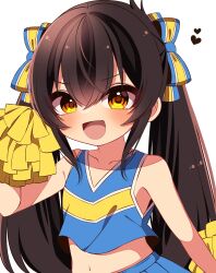 Rule 34 | 1girl, absurdres, black hair, blue shirt, blue skirt, blush, bow, cheerleader, child, collarbone, commentary, dot nose, flat chest, hair between eyes, hair bow, hand up, highres, holding, holding pom poms, idolmaster, idolmaster cinderella girls, idolmaster cinderella girls u149, long hair, looking at viewer, maju risa, matoba risa, navel, open mouth, pleated skirt, pom pom (cheerleading), pom poms, shirt, sidelocks, skirt, sleeveless, sleeveless shirt, smile, solo, stomach, twintails, upper body, v-shaped eyebrows, white background, yellow eyes
