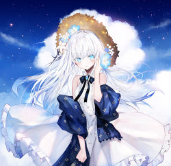Rule 34 | 1girl, aqua eyes, blue sky, cloud, cloudy sky, commentary request, dress, eyes visible through hair, flower, frilled dress, frills, hair flower, hair ornament, hat, highres, juexing (moemoe3345), long hair, looking at viewer, original, sidelocks, sky, solo, straw hat, white dress, white hair, wind